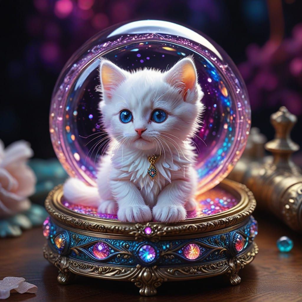 Whimsical White Kitten in a Cosmic Jewelry Box