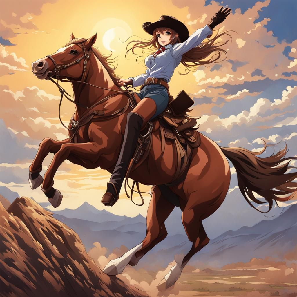 Cowgirl Rides Bucking Horse in Anime Style