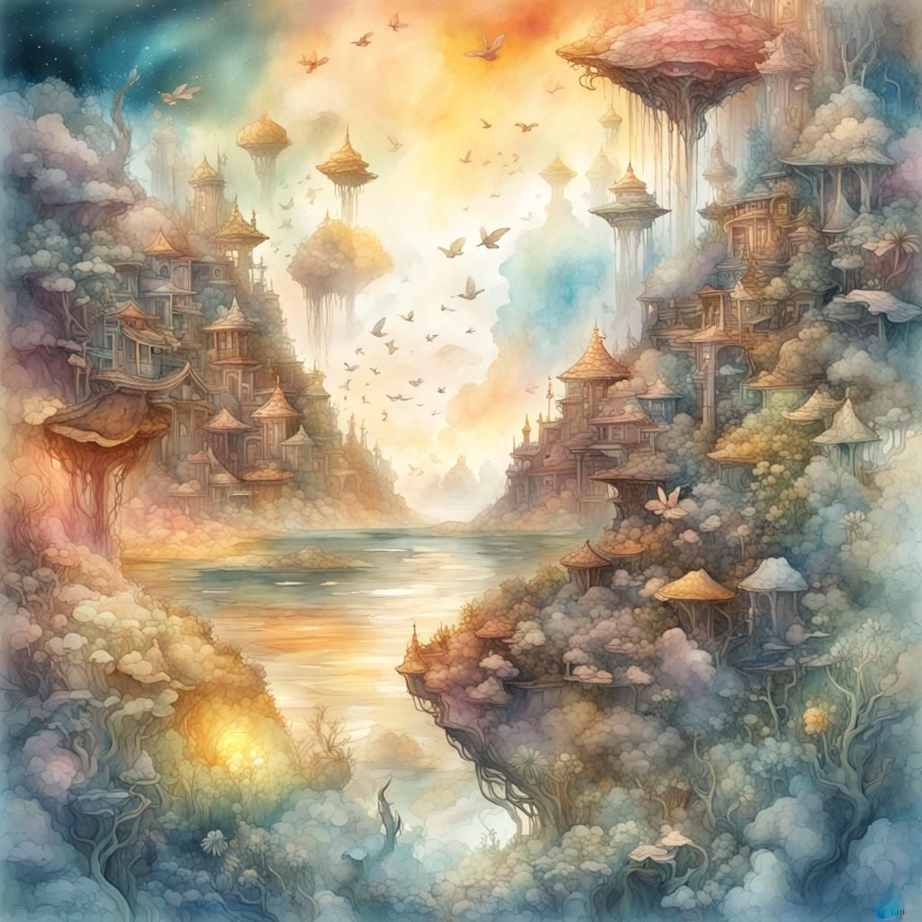 Alien Cosmos Landscape in Digital Watercolor Style