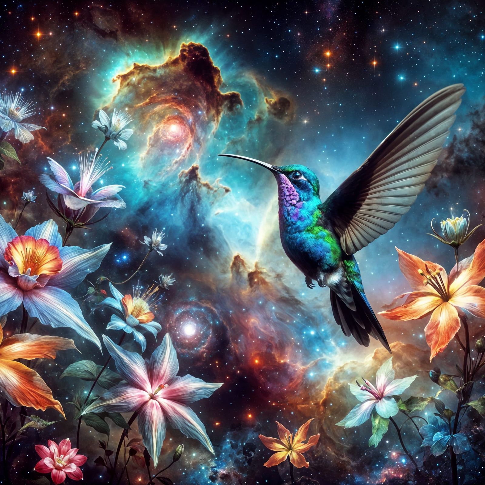 Hummingbird in Alien Garden Under Starry Sky