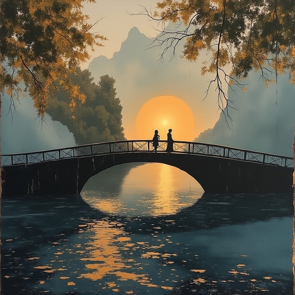 Ethereal Sunset Bridge in Hyper-Realistic Digital Art