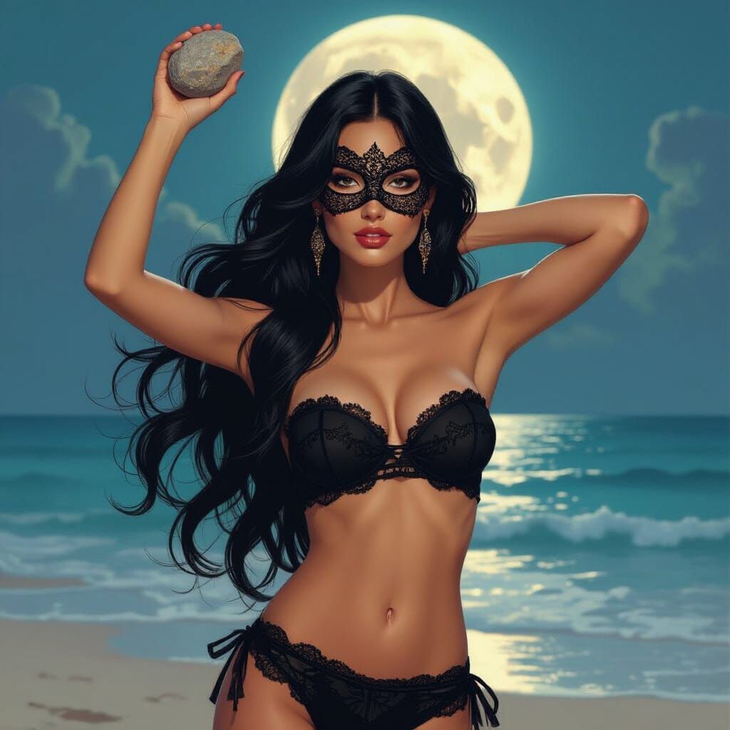 Latina Beauty on Moonlit Beach with Lace Mask