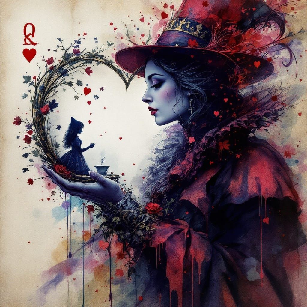 Whimsical Queen of Hearts in Wonderland Scene