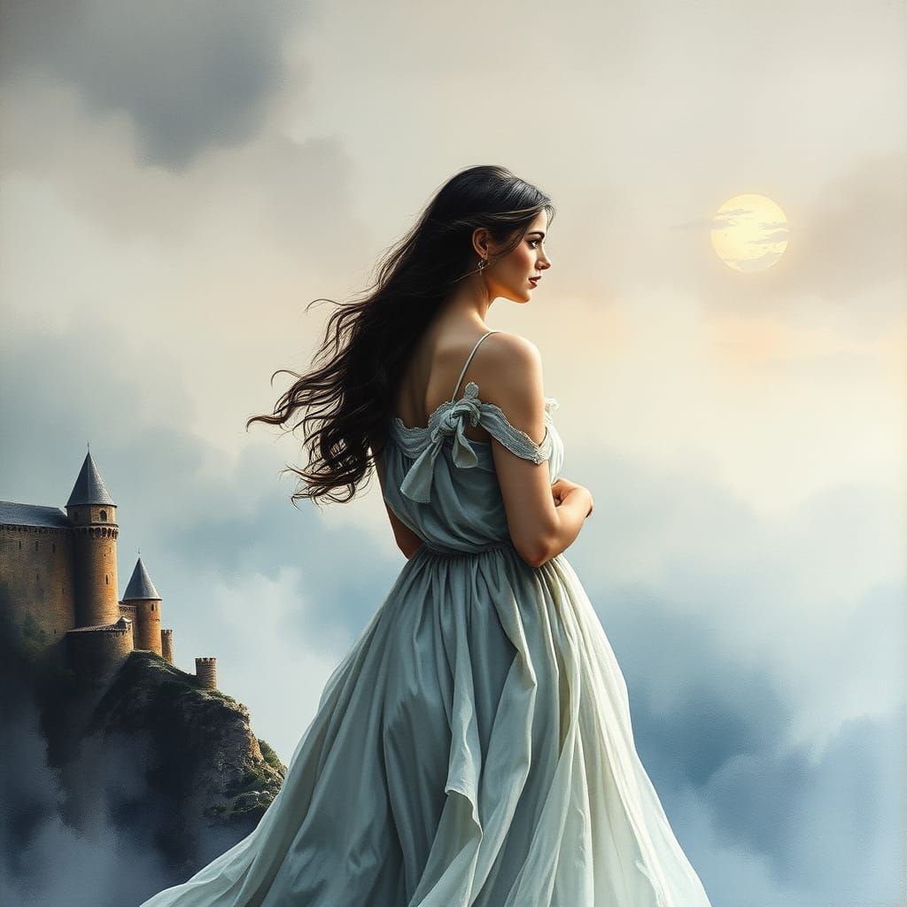 Woman in Hot Air Balloon: Gouache and Charcoal Drawing