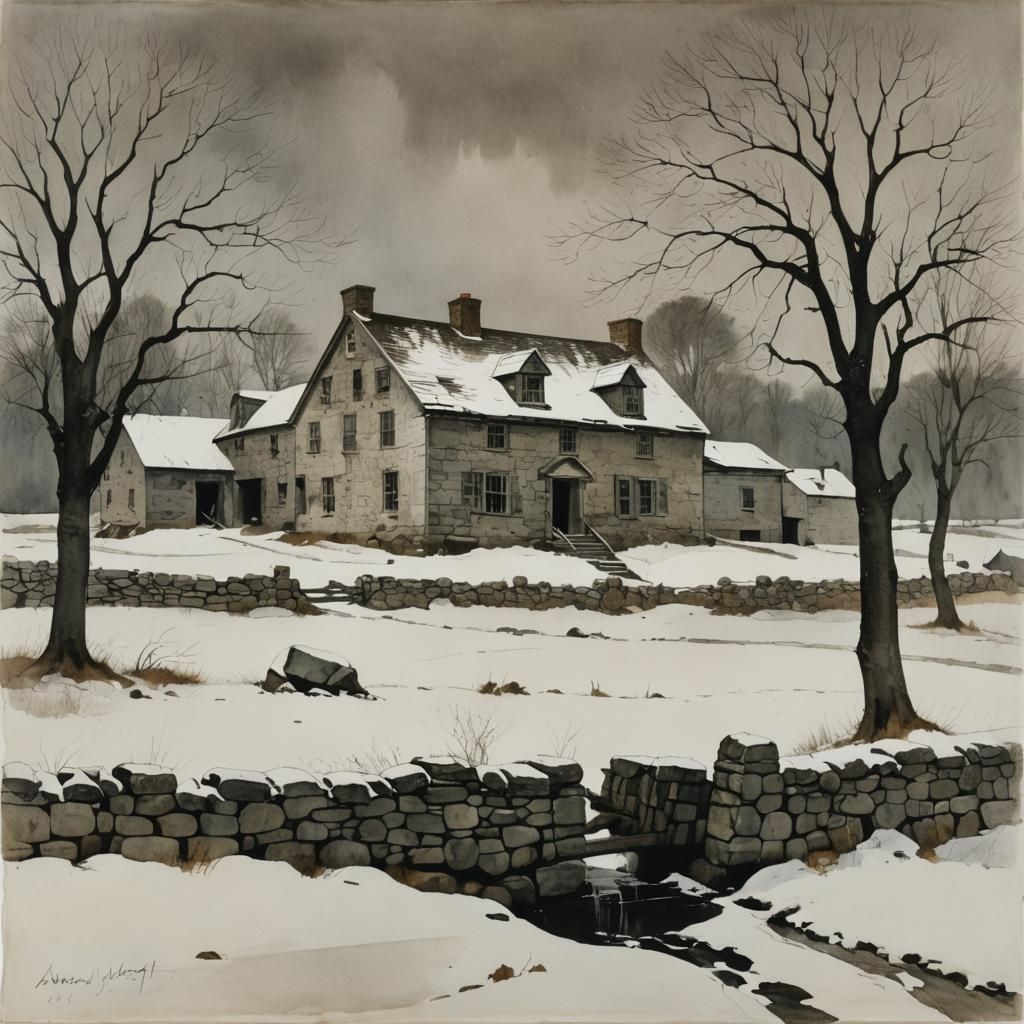 Winter Farmhouse in Watercolor Style