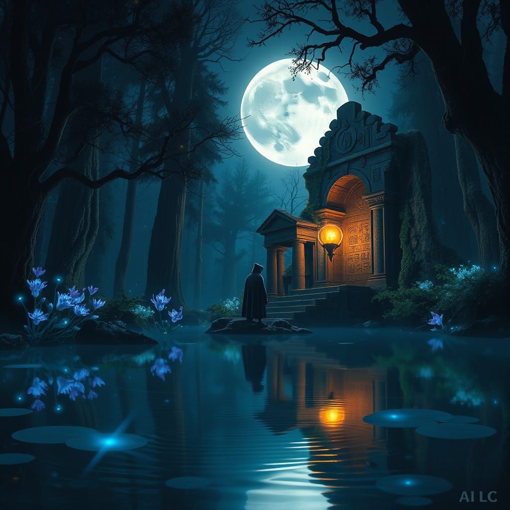 Ethereal Moonlit Forest with Ancient Ruins and Glowing Flora