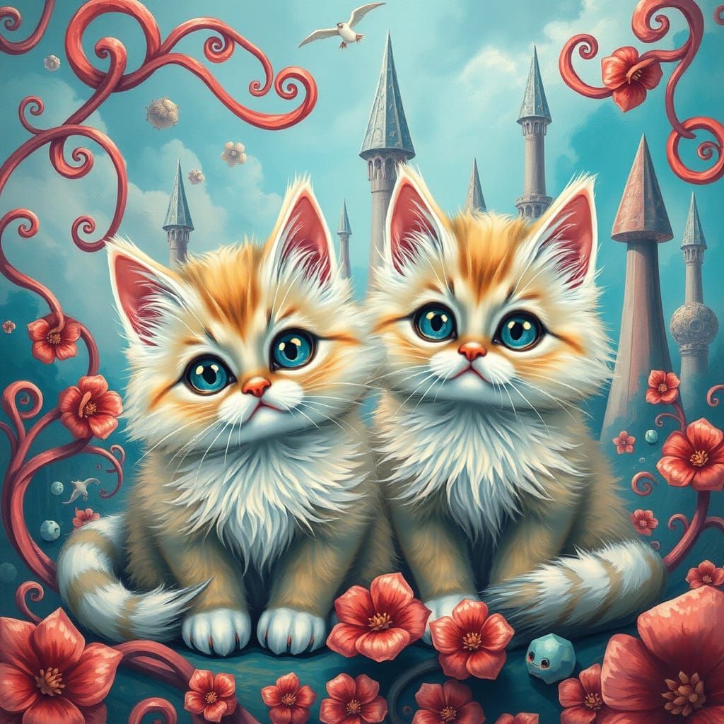 Whimsical Feline Realm in Vibrant, Dreamlike Setting