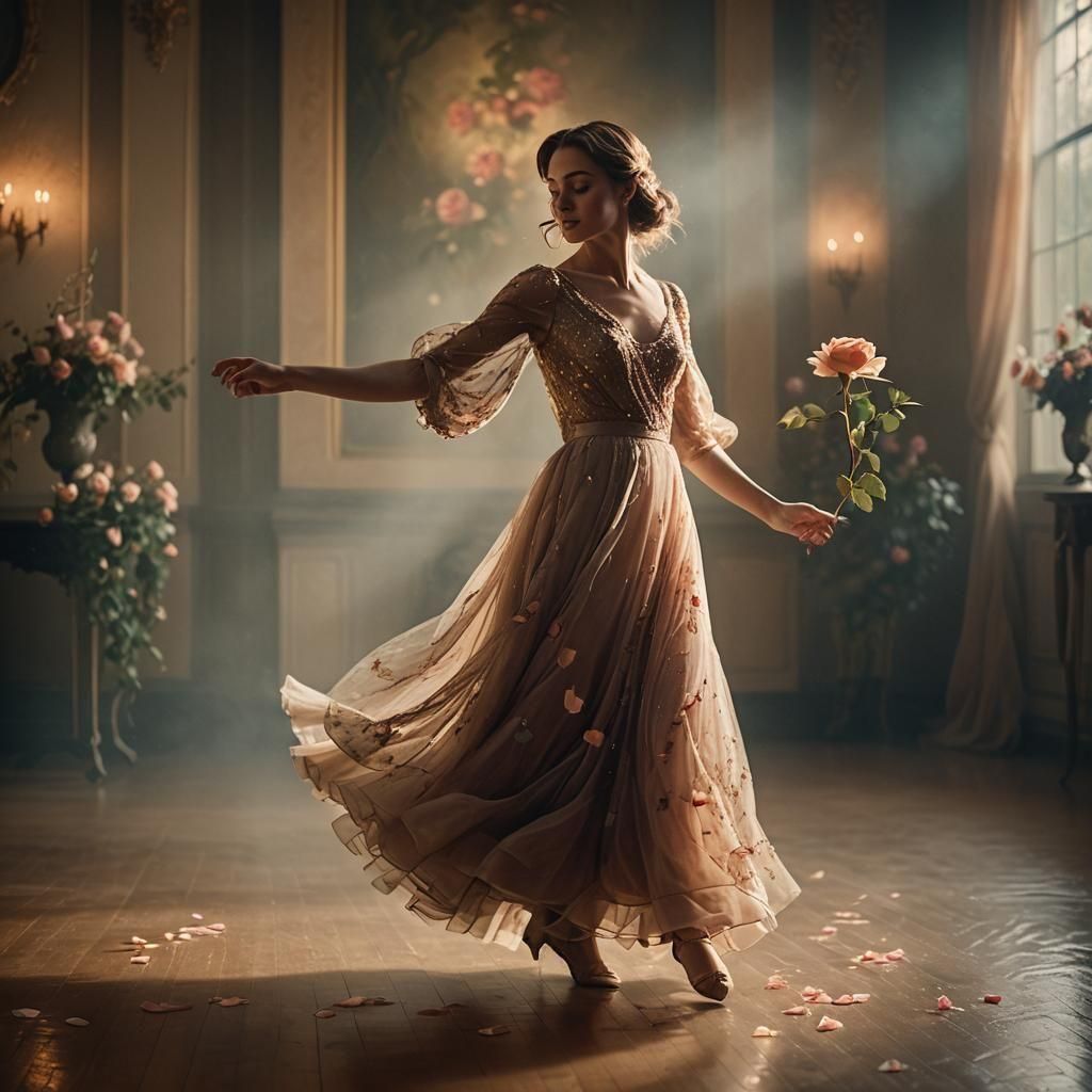 Elegant Woman Dancing with Rose: Cinematic Film Still