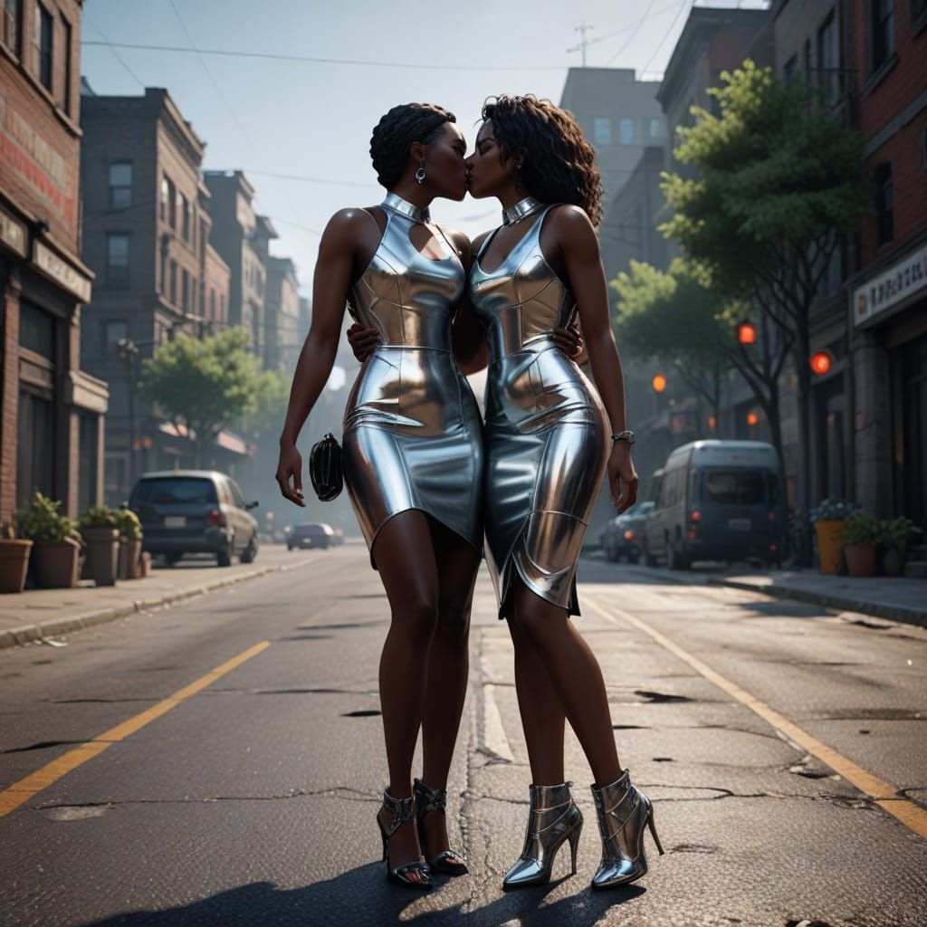 Sultry Ebony Goddesses Share a Passionate Kiss on a City Roa...