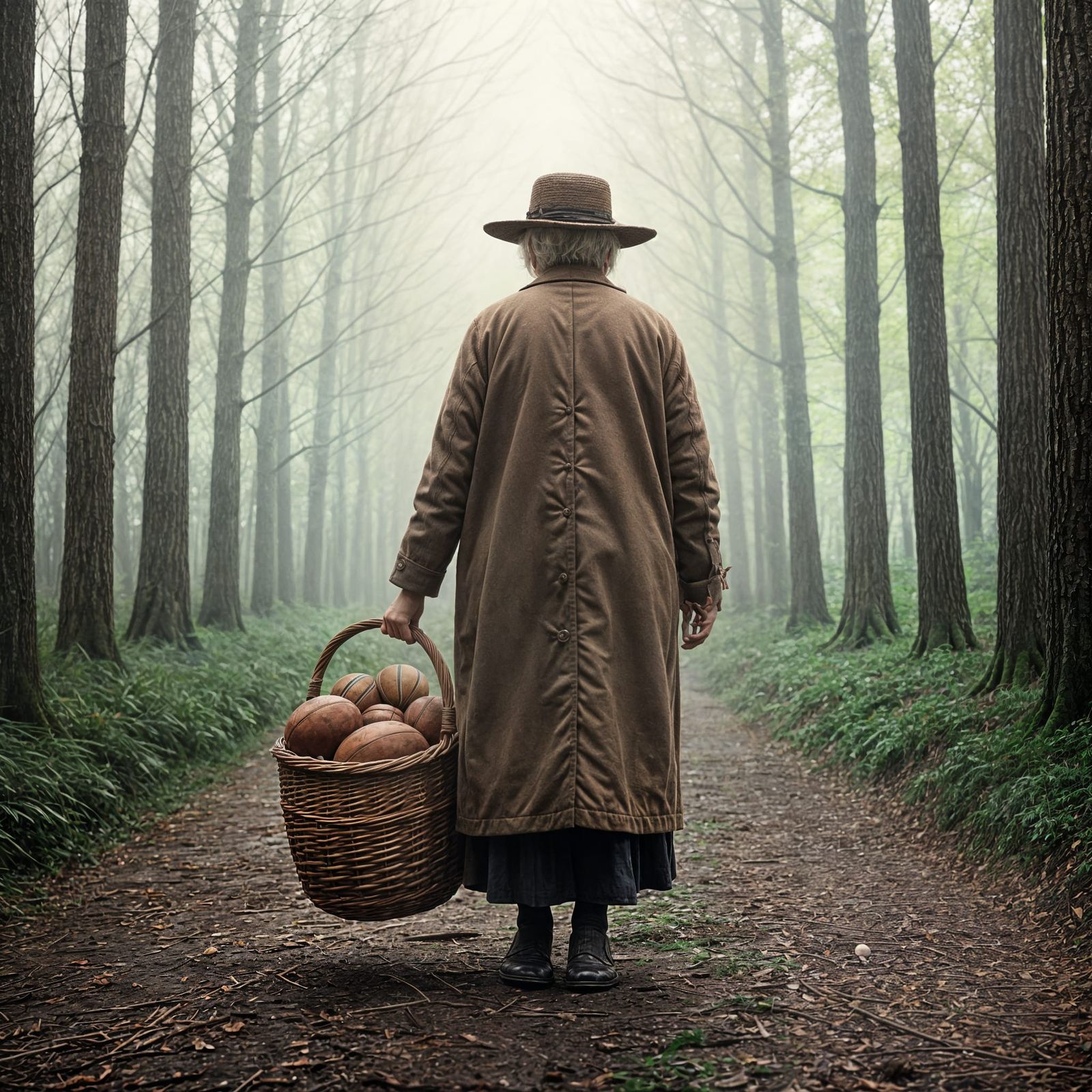 Elderly Woman Walks in Woods With Football Basket