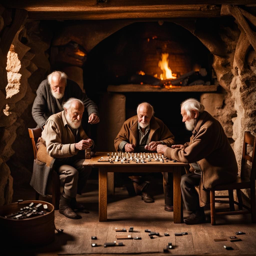 Dominoes by the Fireplace in an Ancient Inn