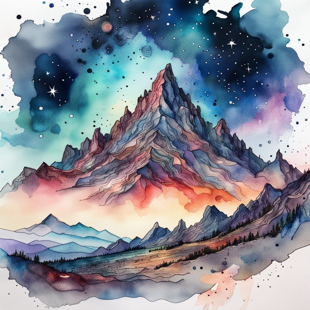 Watercolor Mountain Range Under Starry Night Sky