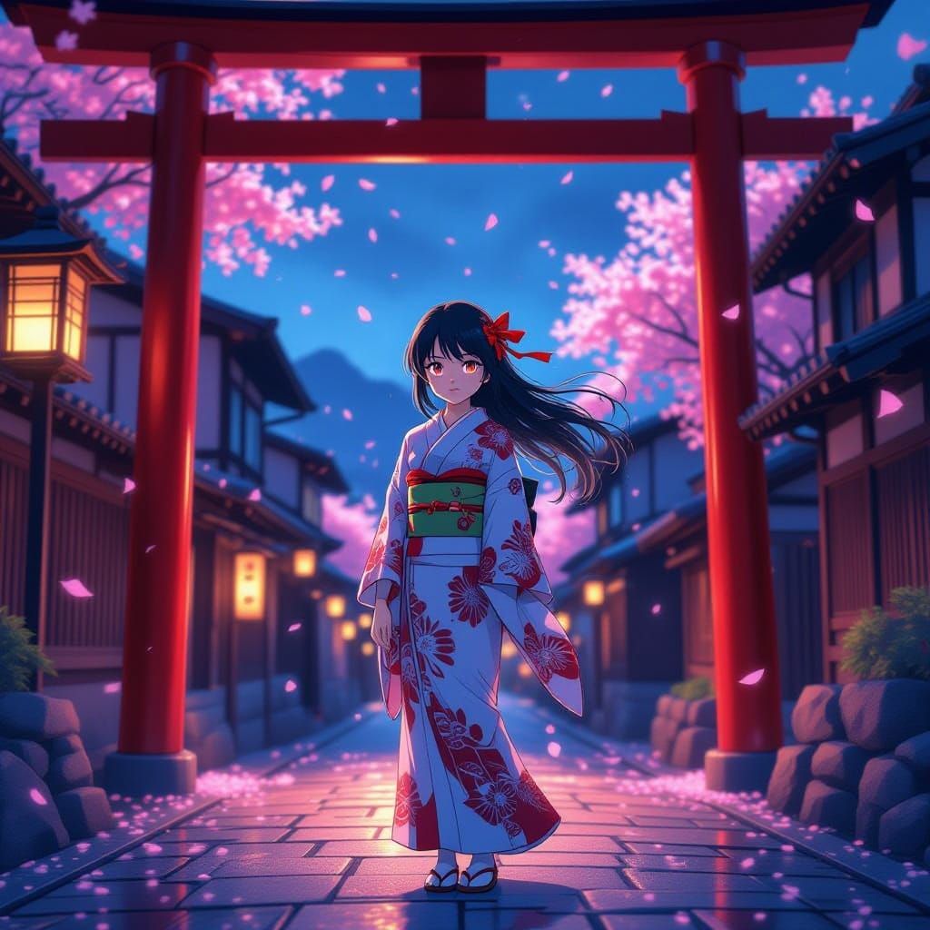 Anime Girl Under Torii Gate in Twilight Kyoto