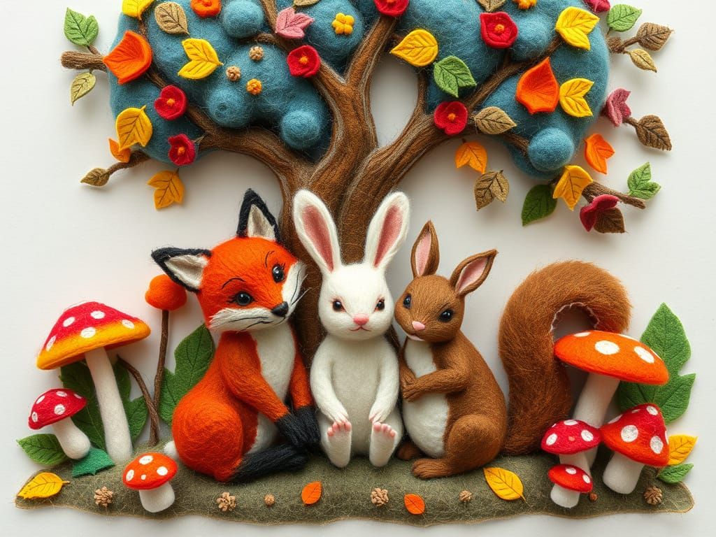 Felted Woodland Animals Under a Colorful Tree