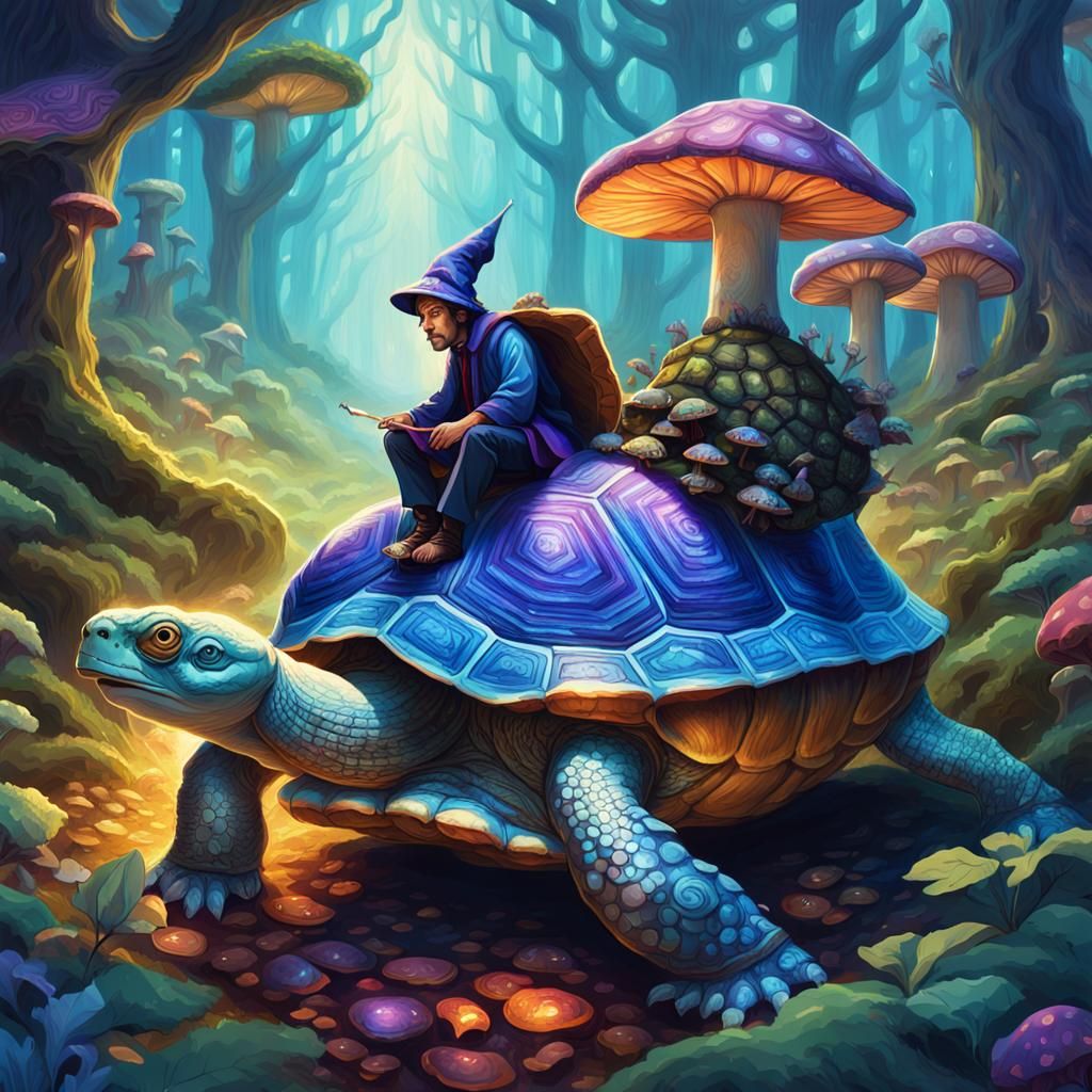 Wizard Rides Turtle Through Mystical Forest