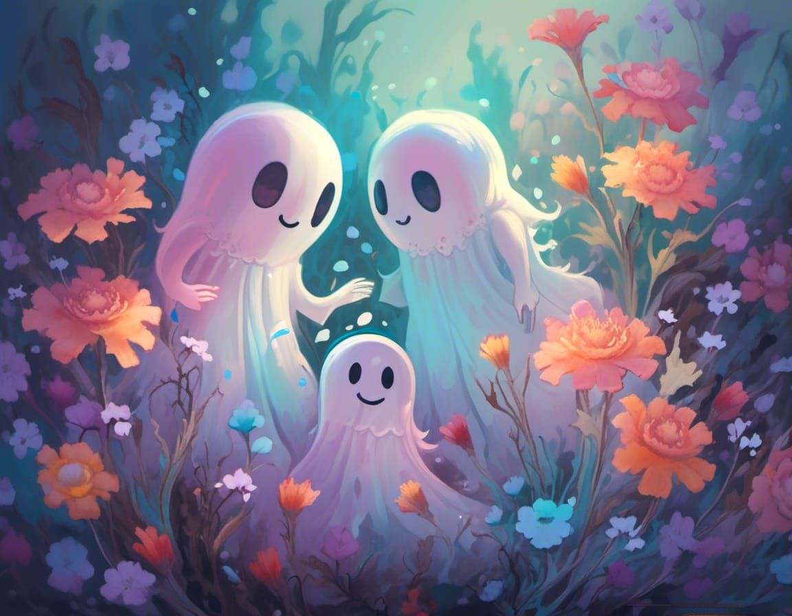 Cute Translucent Ghosts Giving Flowers: Digital Illustration