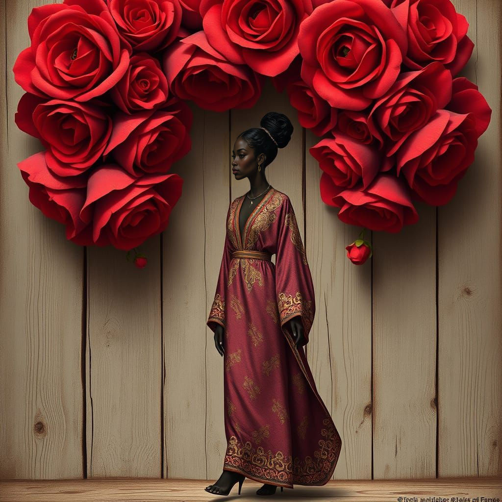 Black Woman in Extravagant Robe Under Rose Arch