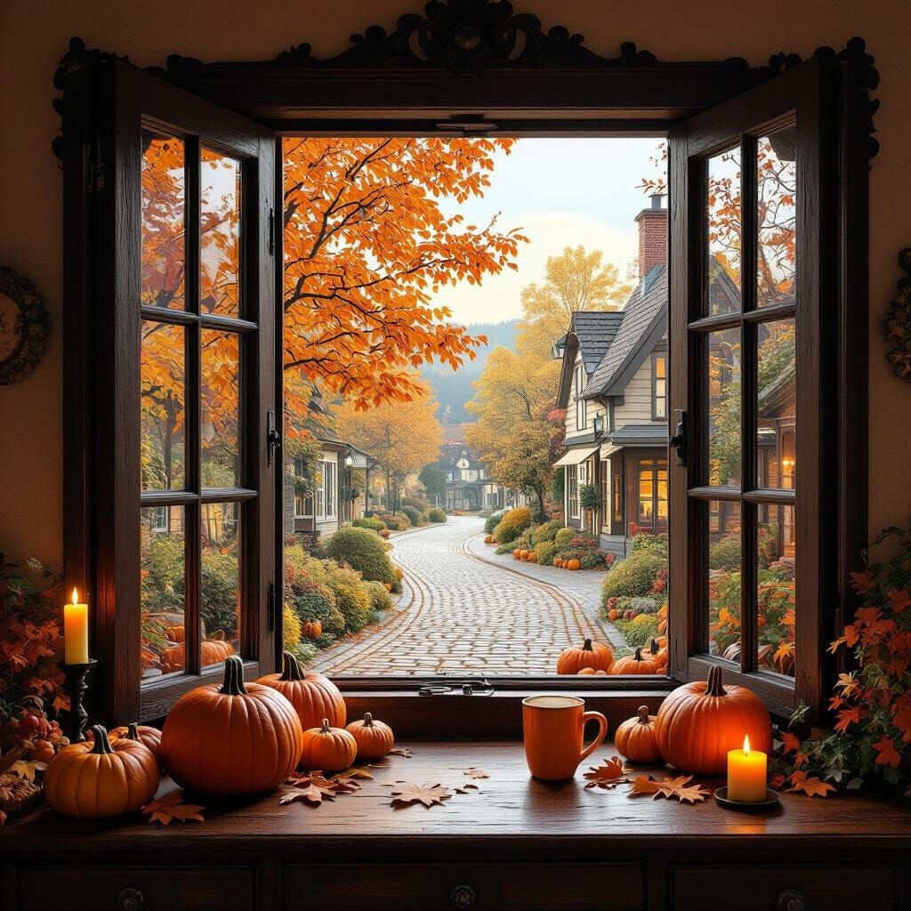 Cozy Autumn Scene with Ornate Window and Desk