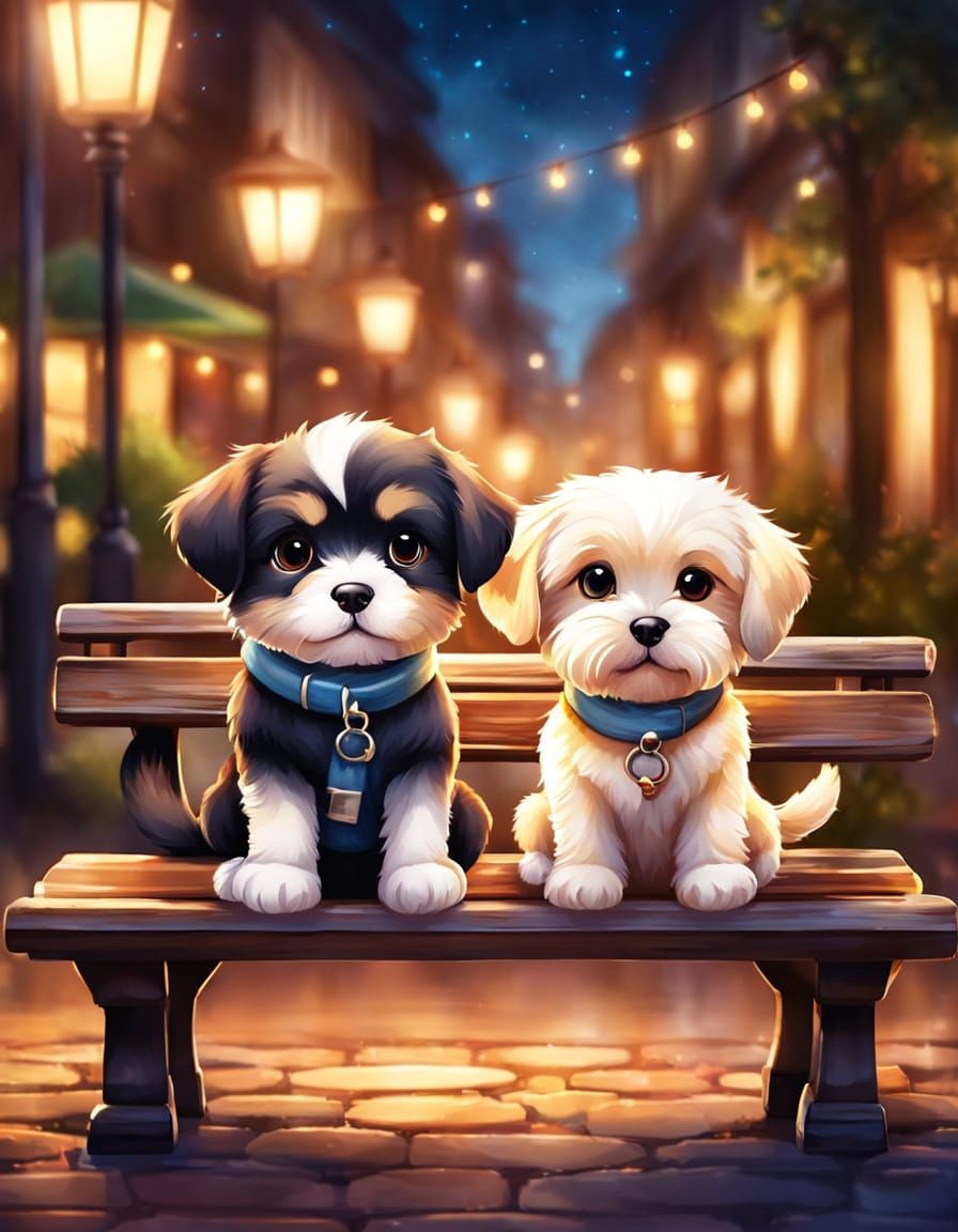Chibi Cartoon Dogs and Cat on Bench in Watercolor