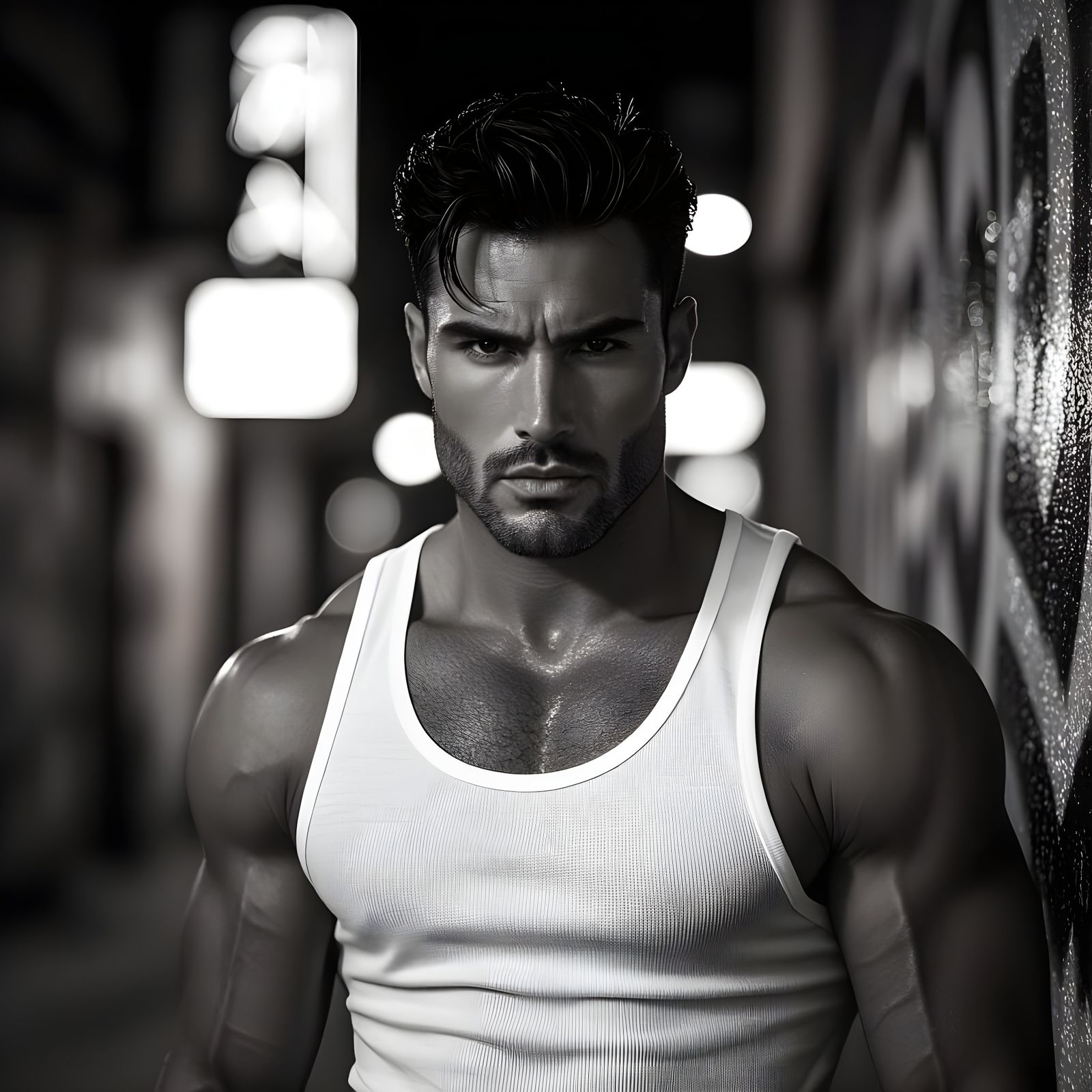 Intense Portrait of Muscular Man in Hyperrealistic Style