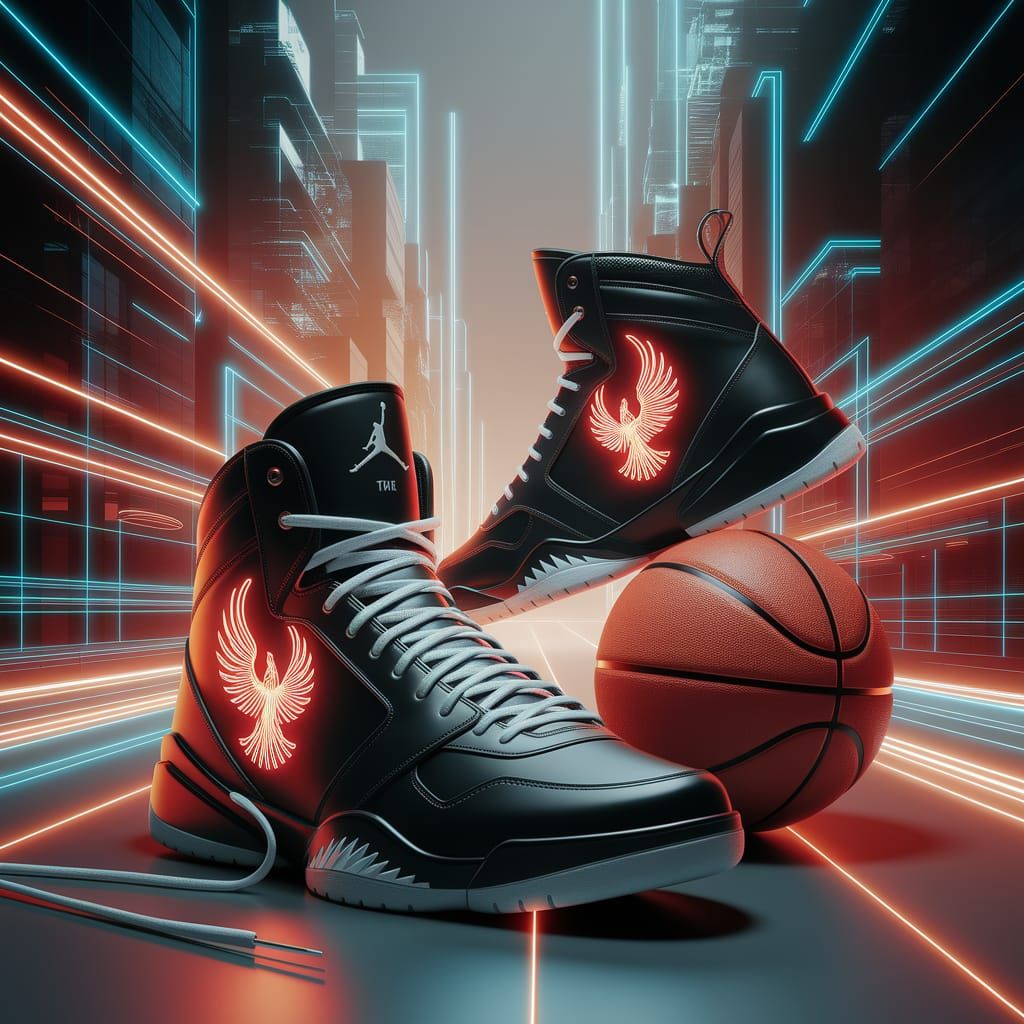 Sleek, futuristic high top sneakers with intricately neon designed phoenix emblem, a basketball sitting next them, set a...