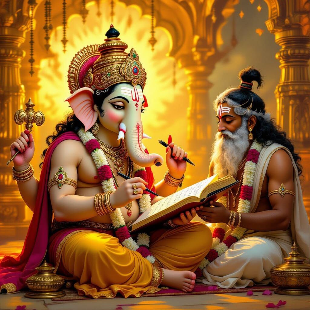 Lord Ganesha calmly writing the Mahabharata with great patie...