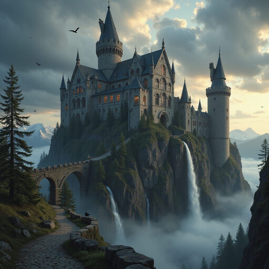 Epic Fantasy Castle on Cliff in Stormy Weather