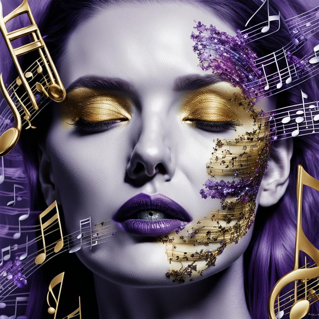 Cyberpunk Model with Musical Elements in Double Exposure