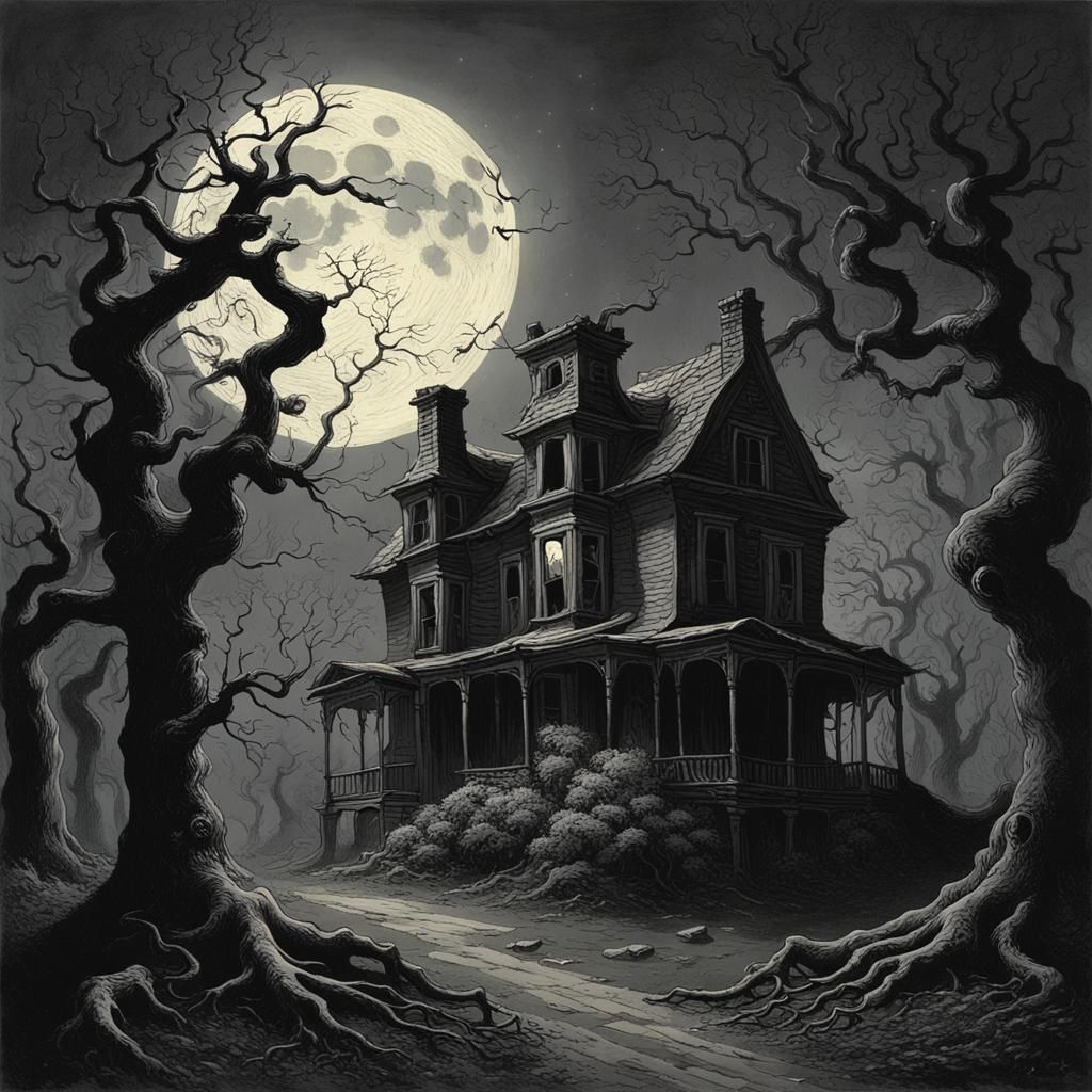 Abandoned House Under Moonlight: Dark Fantasy Illustration