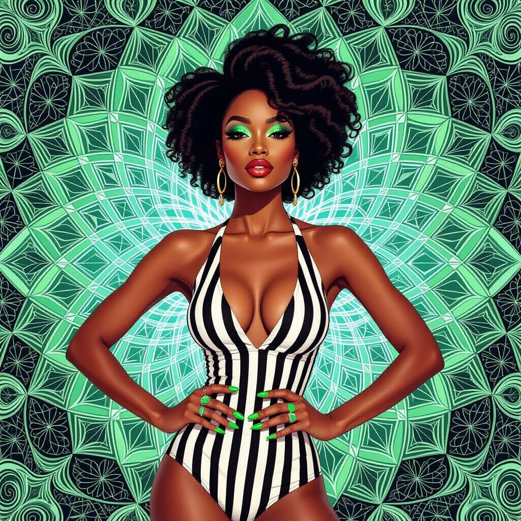 Striking Woman in Abstract Fractal Landscape