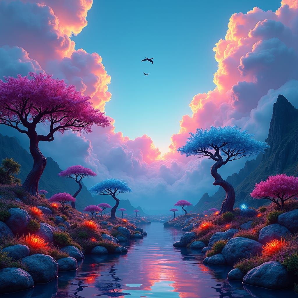 Mystical Landscape with Iridescent Clouds, Matte Painting