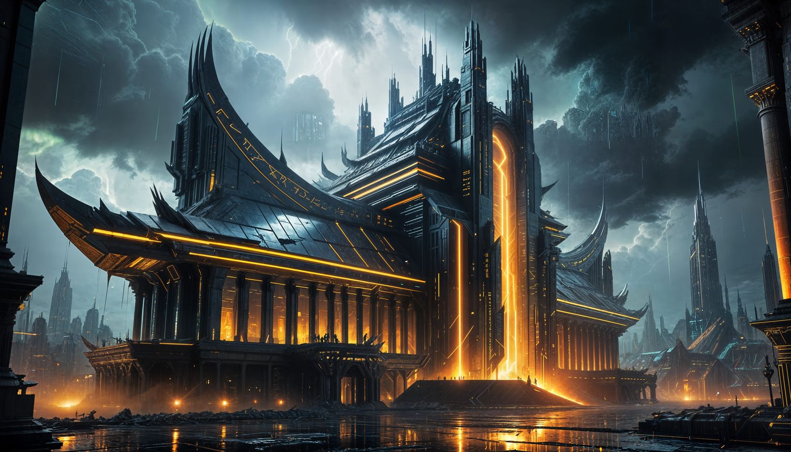 Cyberpunk Valhalla Above Futuristic City