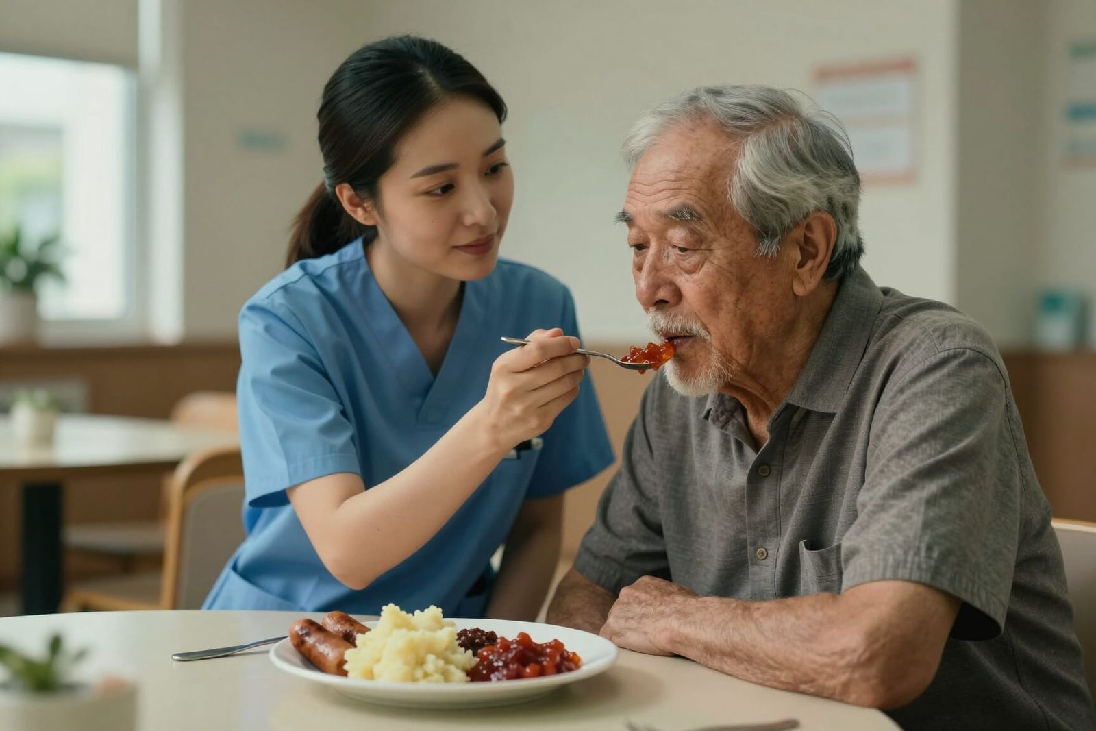 Compassionate Nurse Feeds Elderly Man in Care Center