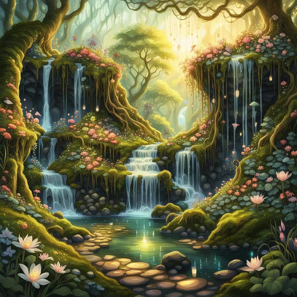 Lush Fantasy Garden in Golden Hour Sunlight