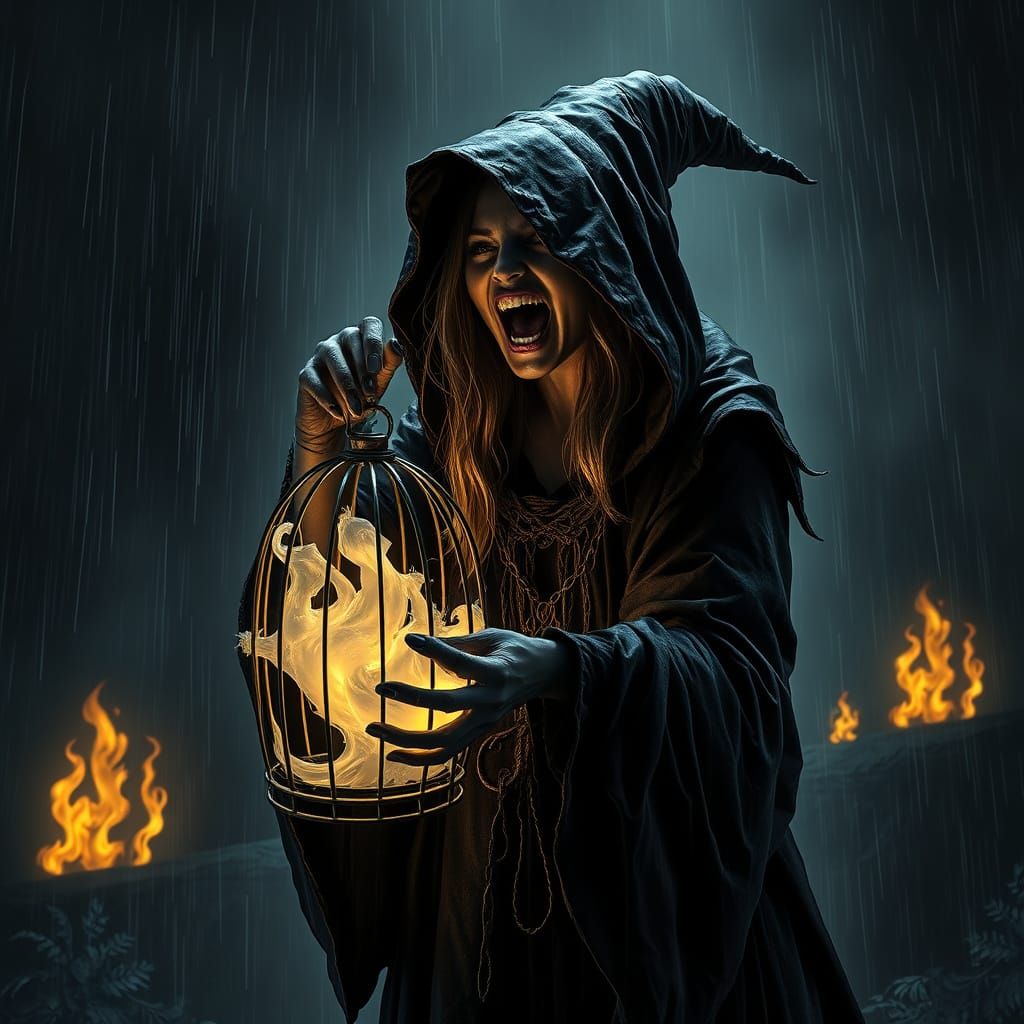 Dark Witch Unleashes Ethereal Souls in Hellish Black and Whi...