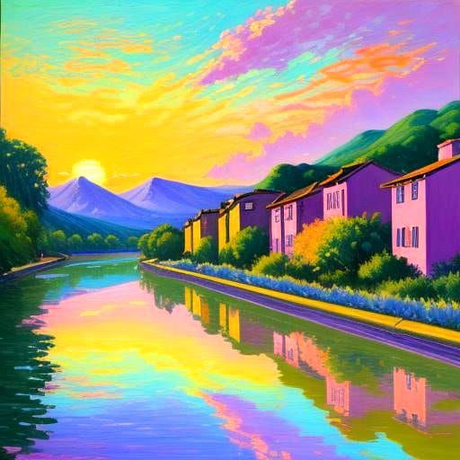 Neo-Impressionist River Scene with Colorful Houses