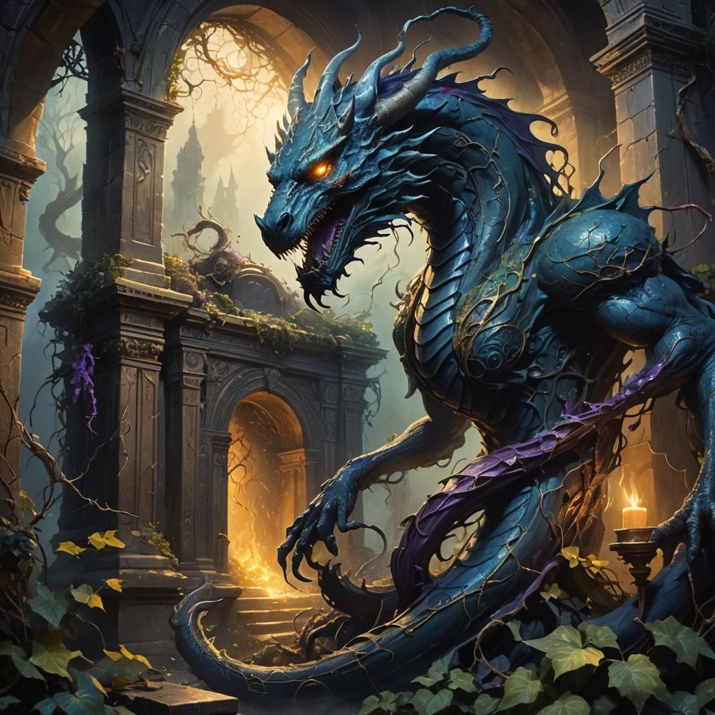 Spectral Wyrm Emerges from Altar in Dark Fantasy Art