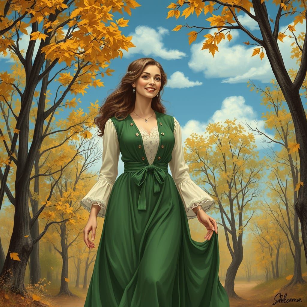 Elegant European Woman Strolls Through Autumn Forest in Roma...