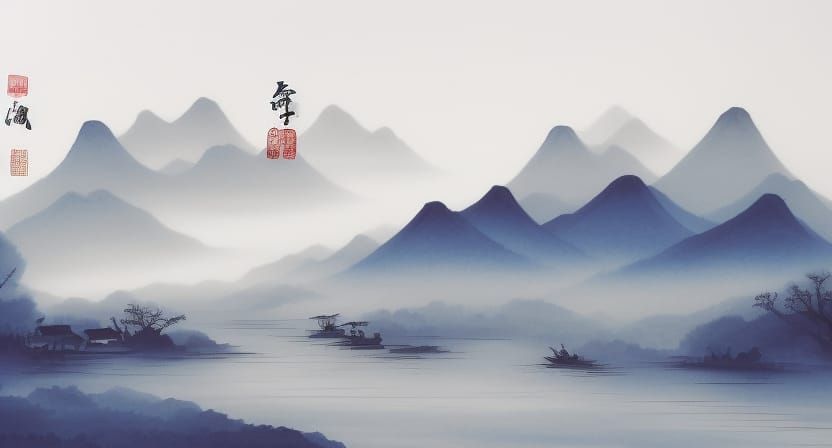 River Scene in Chinese Ink-Wash Style