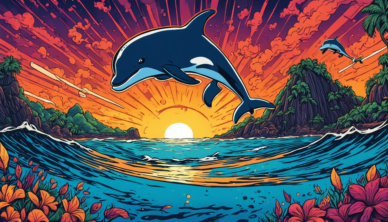 Tropical Island Bar with Breaching Whales, Comic Book Art