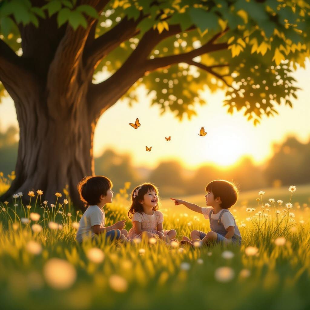 Children in Golden Hour Light, Cinematic Wide Angle