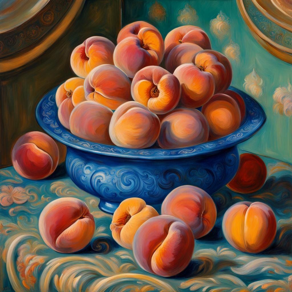 Peaches in Blue Bowl: A Pre-Raphaelite Vision