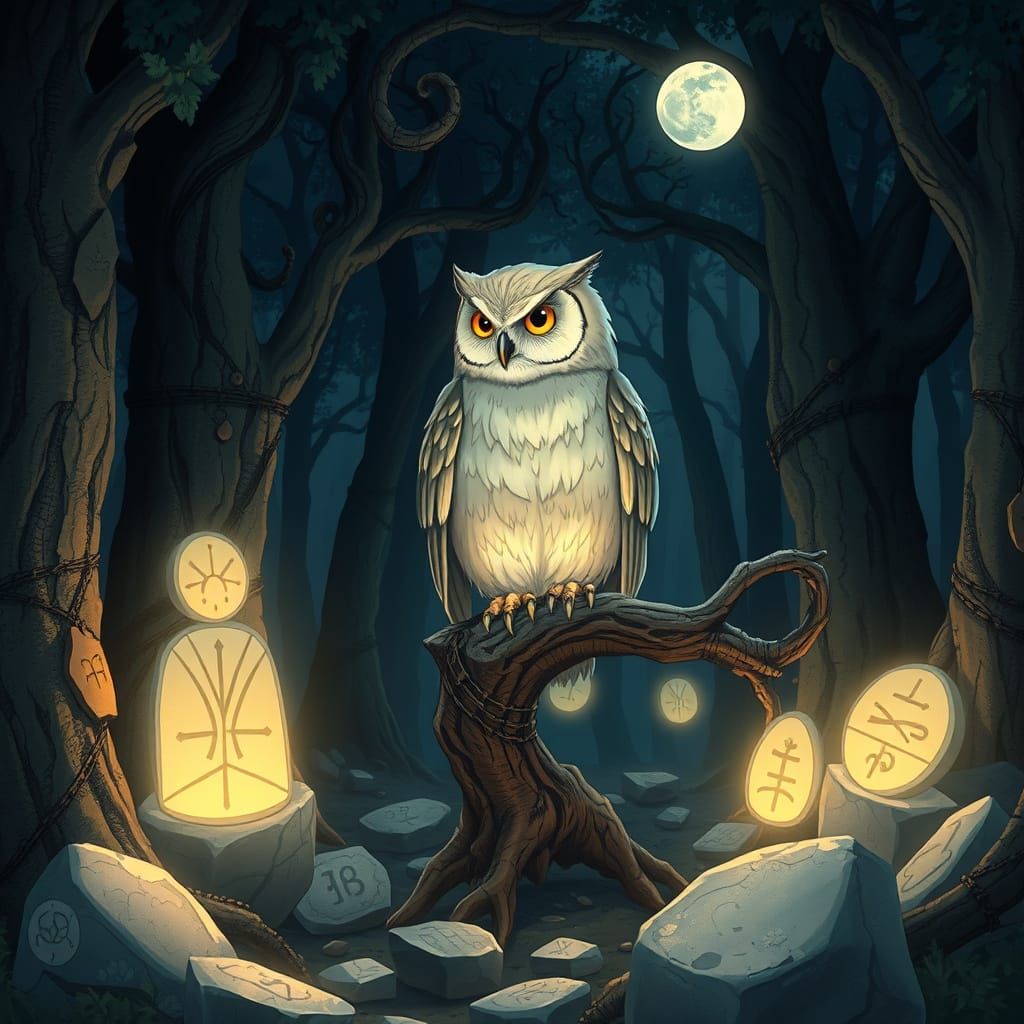 Wise Owl in Mystical Forest, Moonlight Shimmer