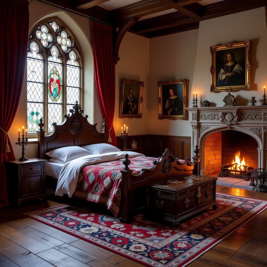 Medieval Manor House Bed with Stained Glass Window