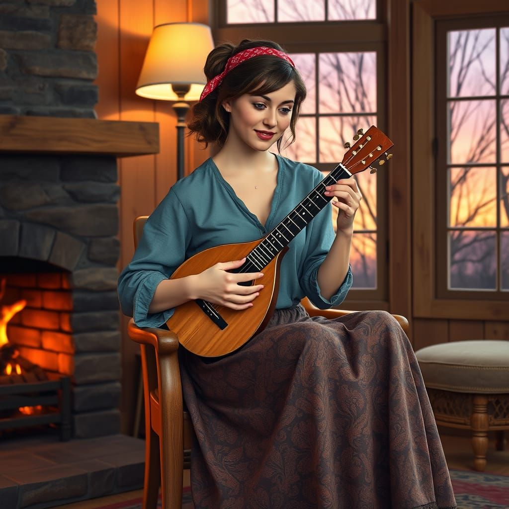 Drunk Bohemian Woman Plays Dulcimer by Fireside