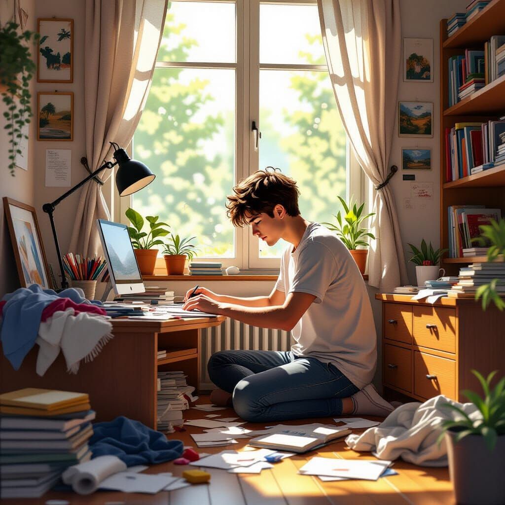 Young Man Tidies Messy Room in Warm Sunlight