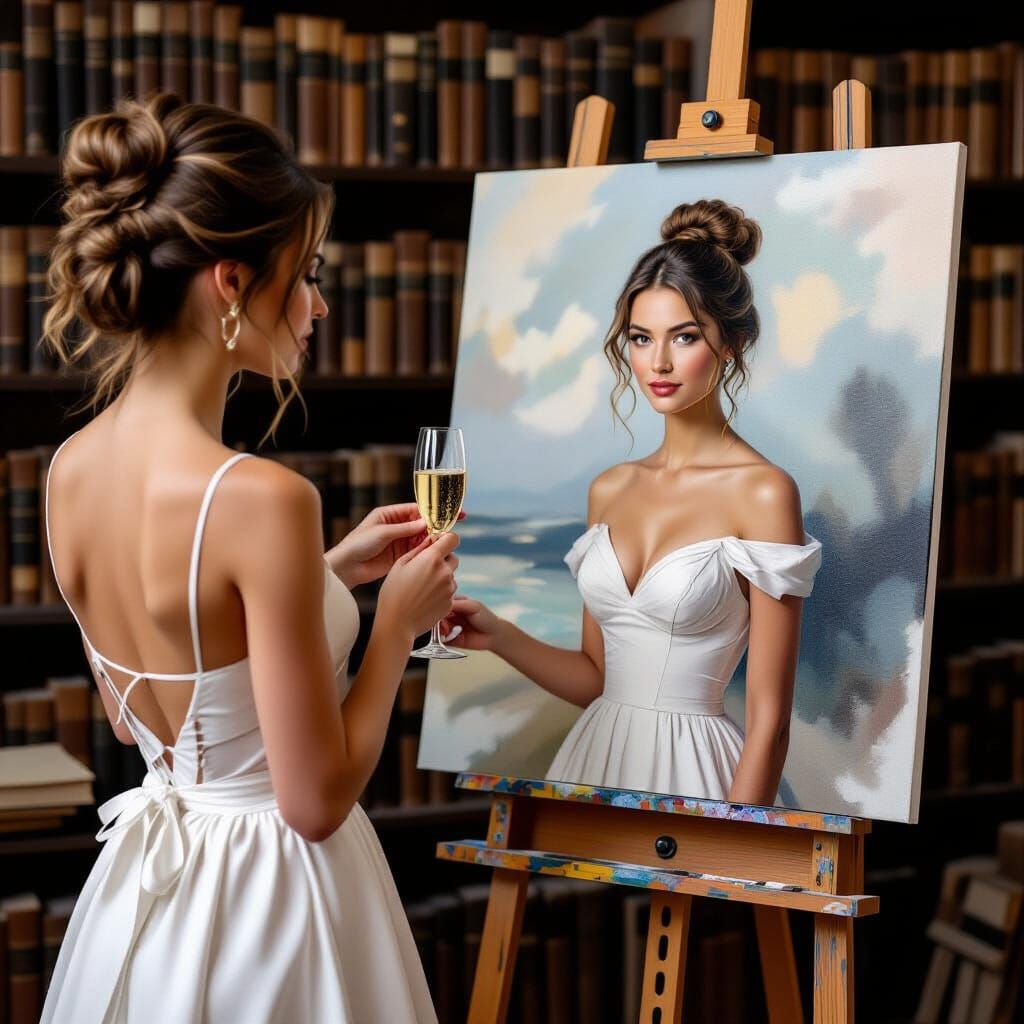 Elegant Woman in White Dress Poses for Artist