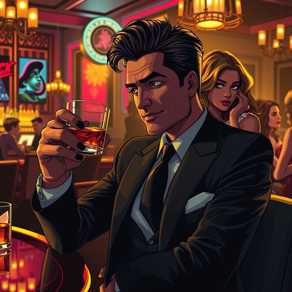 Sleek Noir Trickster Invites Fate in Luxurious Nightclub