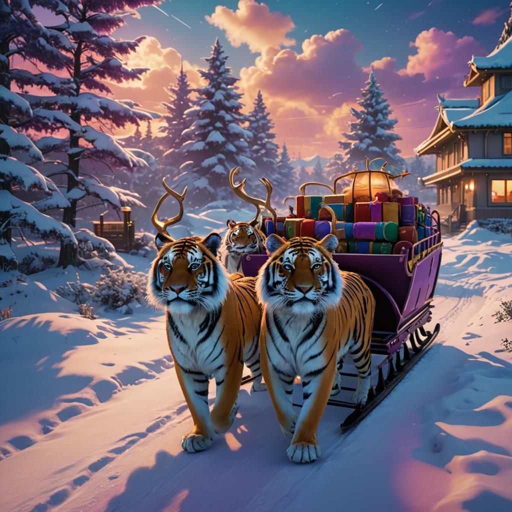 Santa's Sleigh Pulled by Tigers in Cinematic Style