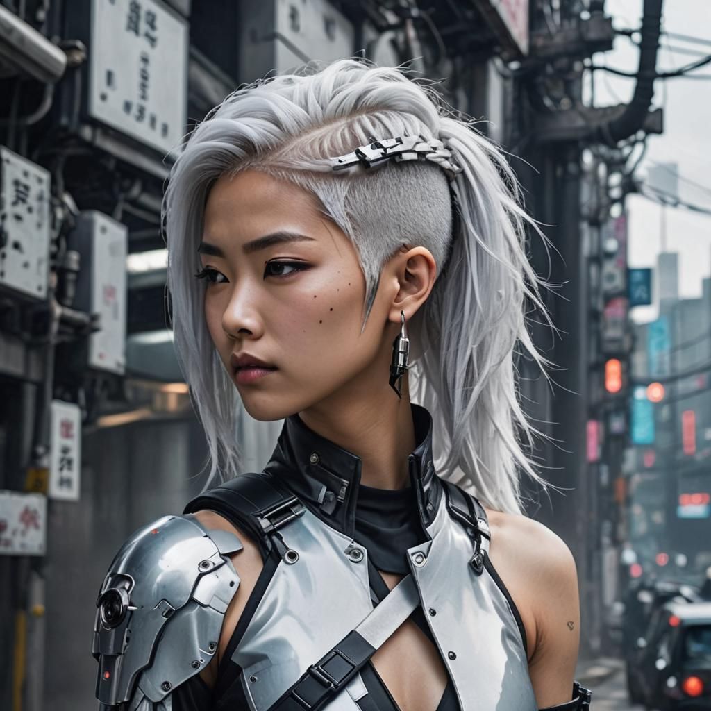 Cyberpunk Asian Woman with White Hair